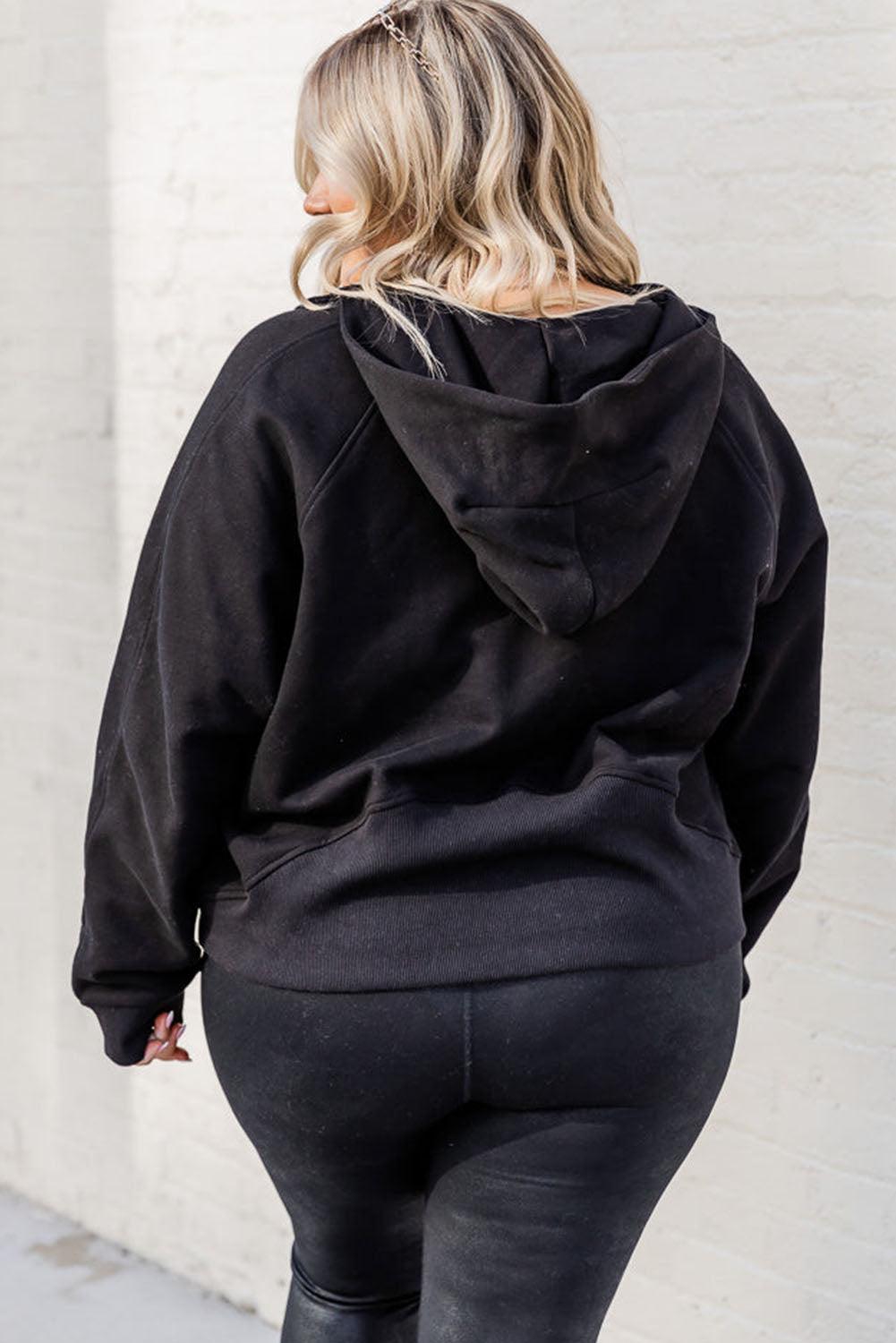 Black Half Zipper Kangaroo Pocket Plus Size Hoodie - L & M Kee, LLC