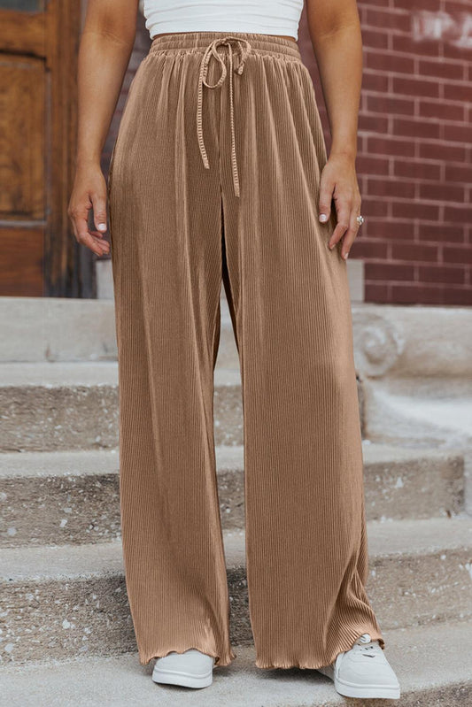 Camel Drawstring High Waist Pleated Wide Leg Pants - L & M Kee, LLC