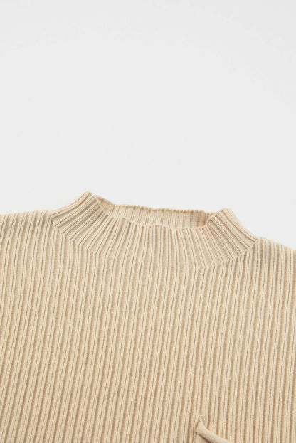 Oatmeal Patch Pocket Ribbed Knit Short Sleeve Sweater - L & M Kee, LLC