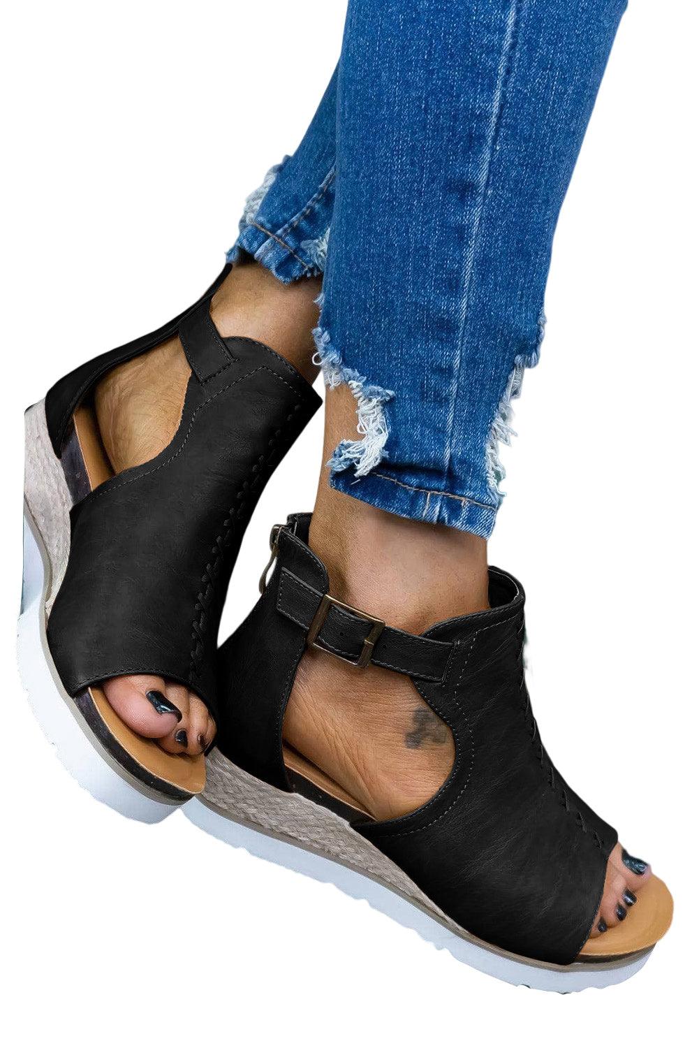 Black PU Cutout Buckle Strap Platform Sandals - L & M Kee, LLC