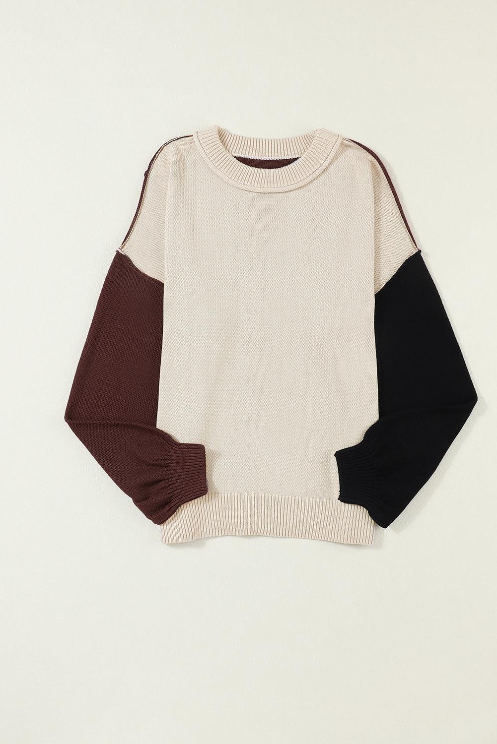 Coffee Colorblock Bishop Sleeve Ribbed Trim Sweater - L & M Kee, LLC