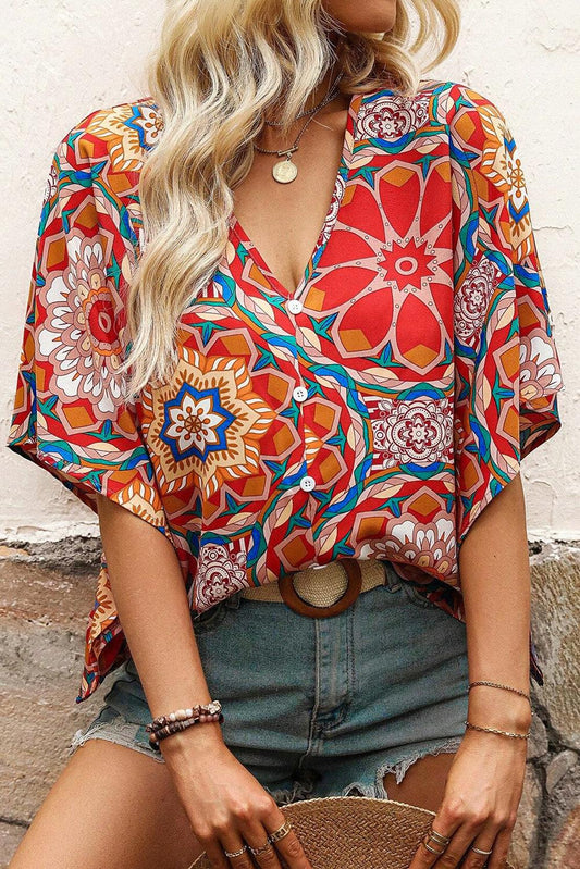 Red Floral Print Batwing Sleeve V Neck Blouse - L & M Kee, LLC