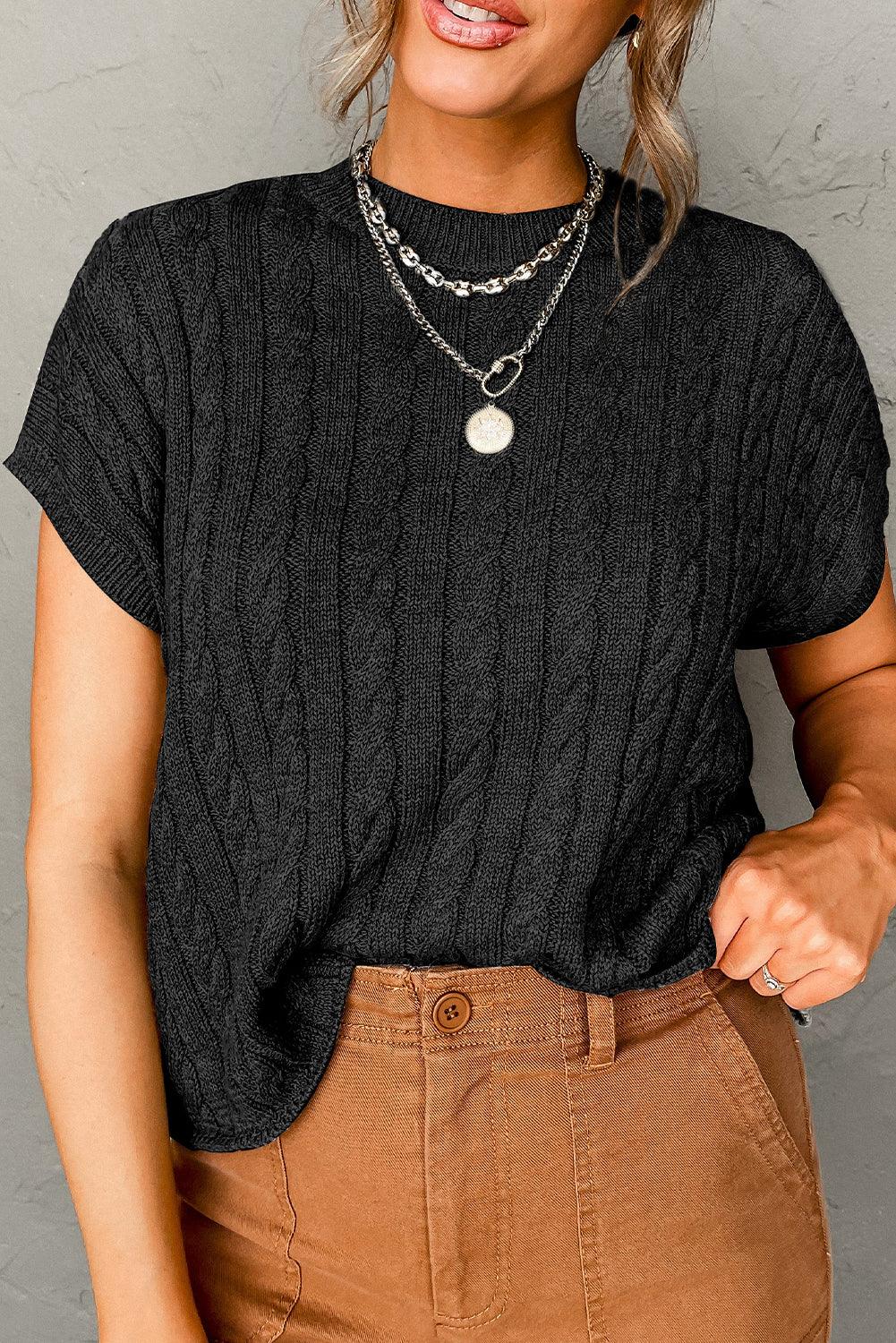 Black Crew Neck Cable Knit Short Sleeve Sweater - L & M Kee, LLC