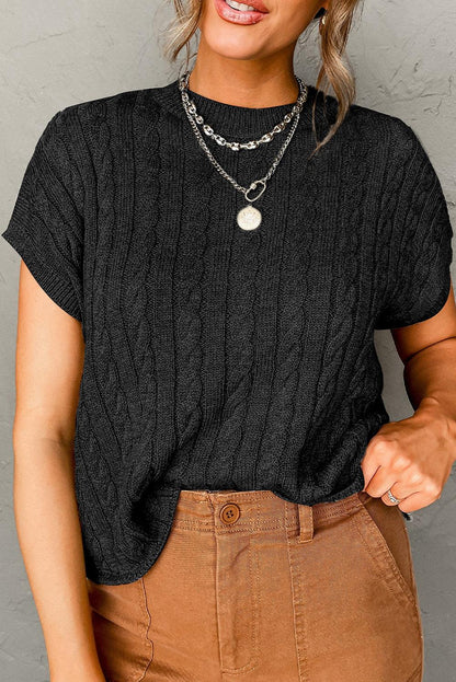 Black Crew Neck Cable Knit Short Sleeve Sweater - L & M Kee, LLC