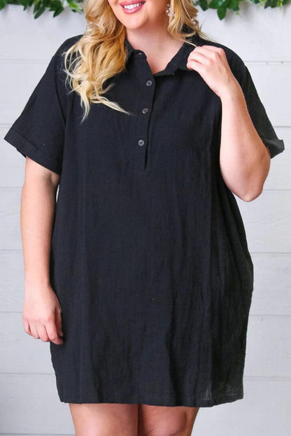 Black Plus Size Shirt Collar Buttoned Short Sleeve Shift Dress - L & M Kee, LLC