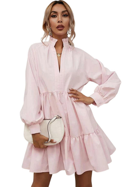 Frilled Stand Collar Long Sleeve Ruffle Dress - L & M Kee, LLC