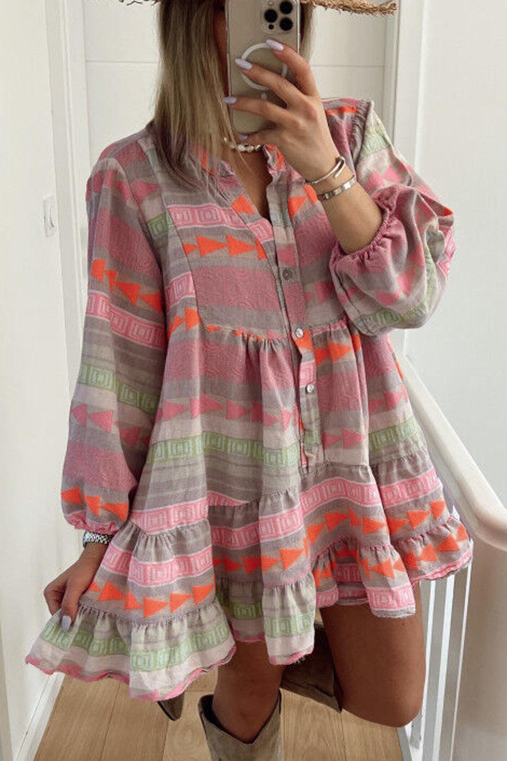 Multicolour Boho Print Puff Sleeve Buttoned Babydoll Dress - L & M Kee, LLC