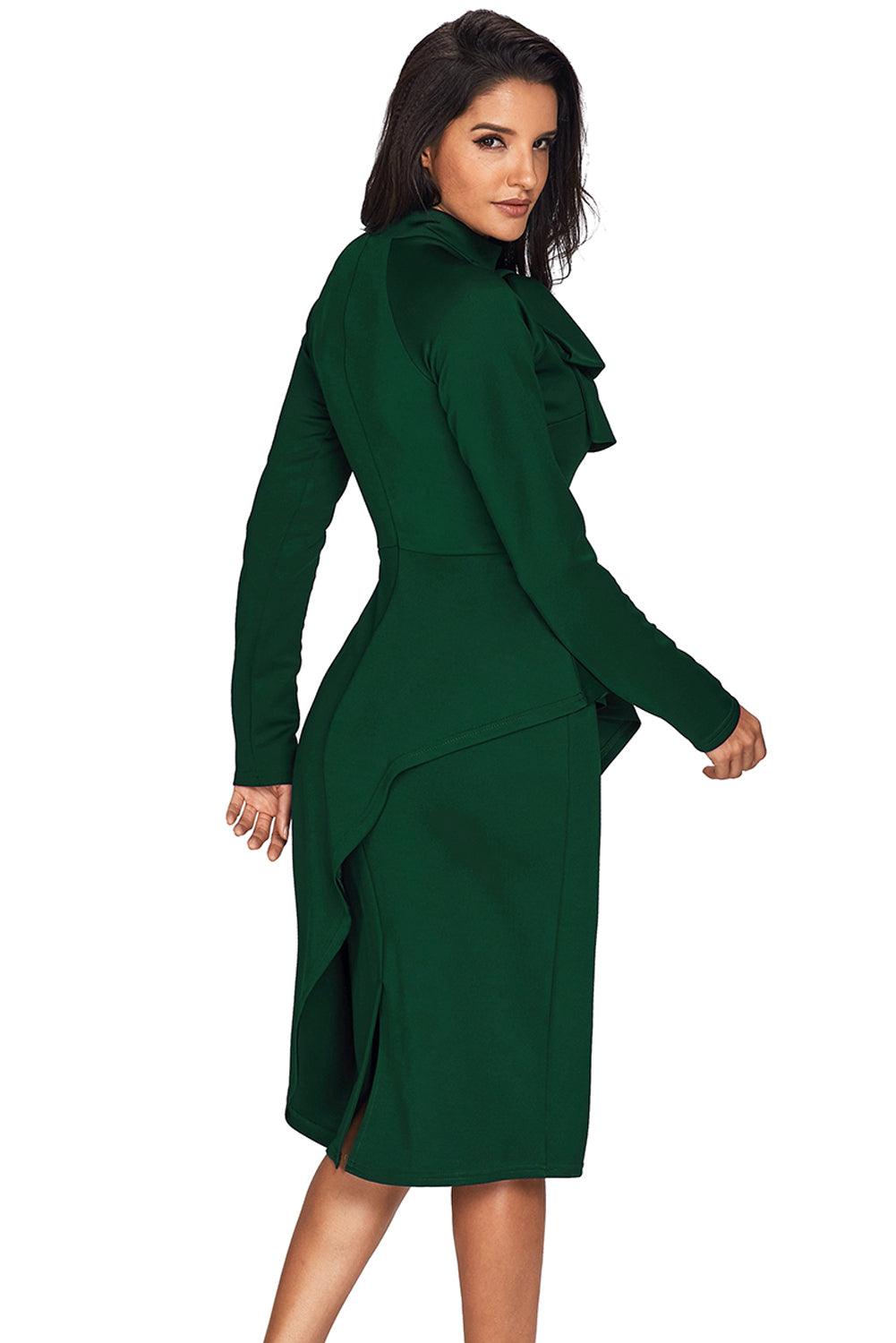 Jade Green Asymmetric Peplum Style Pussy Bow Dress - L & M Kee, LLC