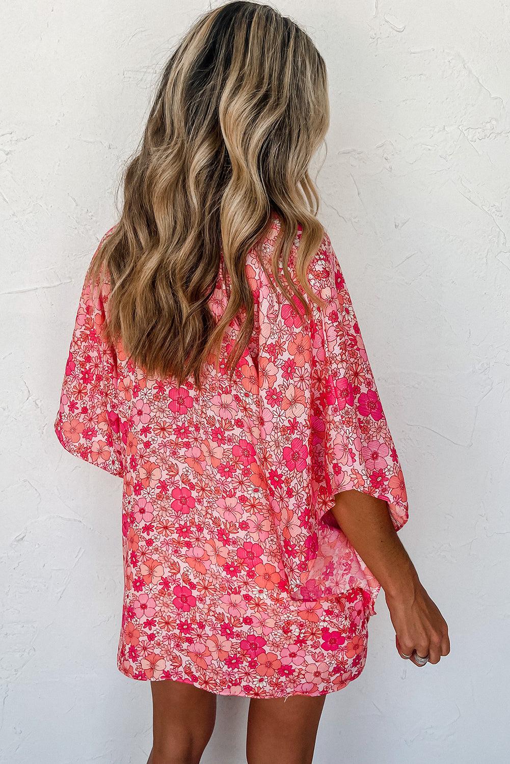 Pink Boho Floral V Neck Kimono Style Blouse - L & M Kee, LLC