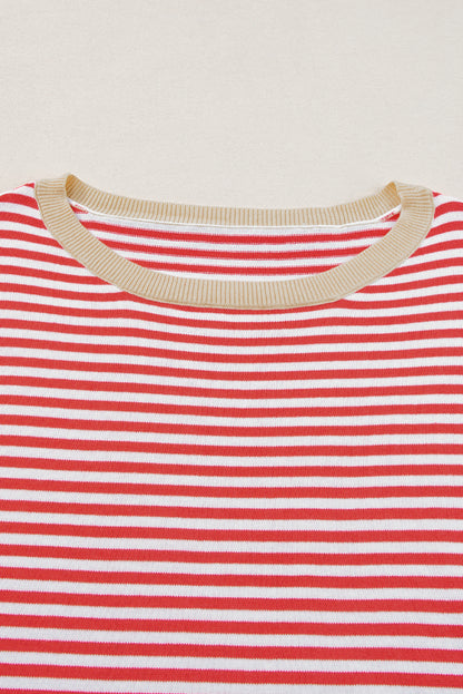 Fiery Red Contrast Trimmed Striped Drop Shoulder Sweater