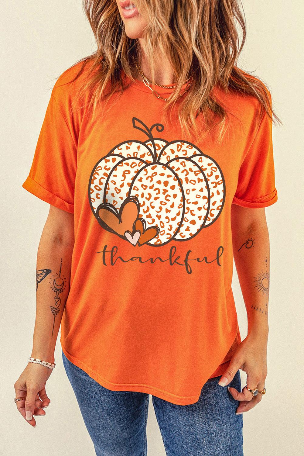 Orange Leopard Pumpkin thankful Graphic Tee - L & M Kee, LLC