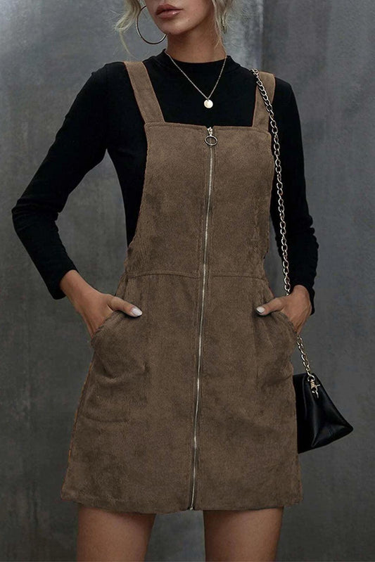 Brown O-ring Zip Up Pocketed Corduroy Dress - L & M Kee, LLC