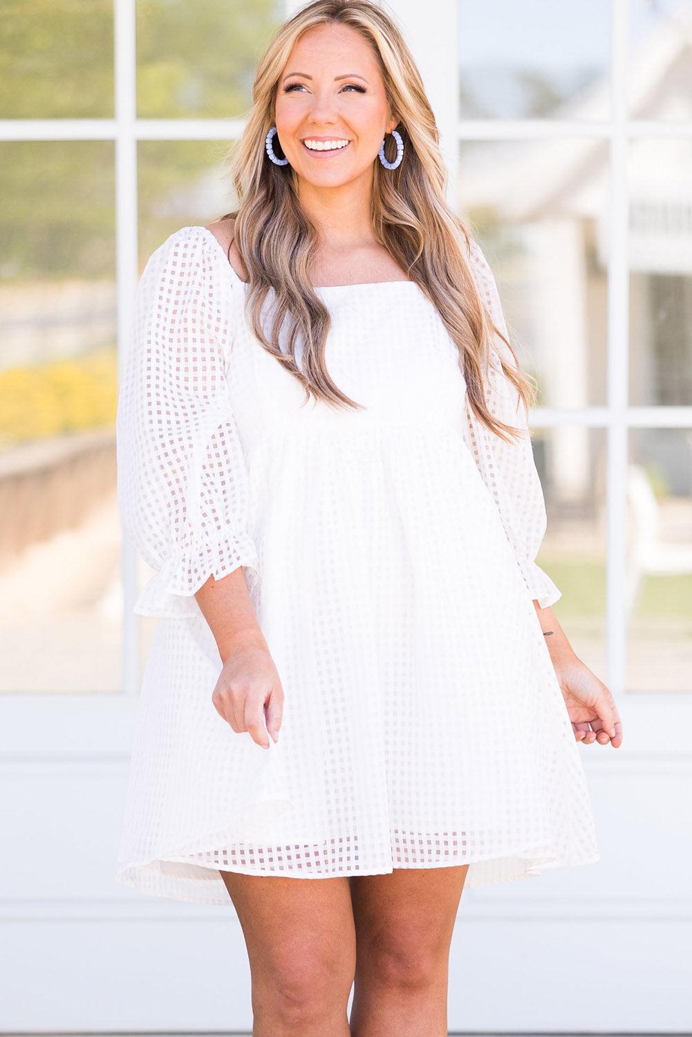 Gingham Square Neck Puff Sleeve Plus Size Dress - L & M Kee, LLC