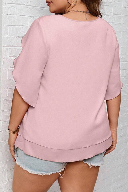 Light Pink Plus Size Frilly Overlap Sleeve Double Layered Blouse - L & M Kee, LLC