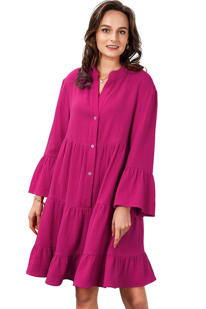 Crinkled Tiered Split Neck Shirt Dress - L & M Kee, LLC