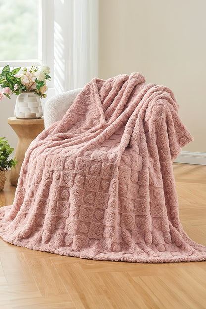 Gossamer Pink Textured Heart Checkered Plush Soft Blanket