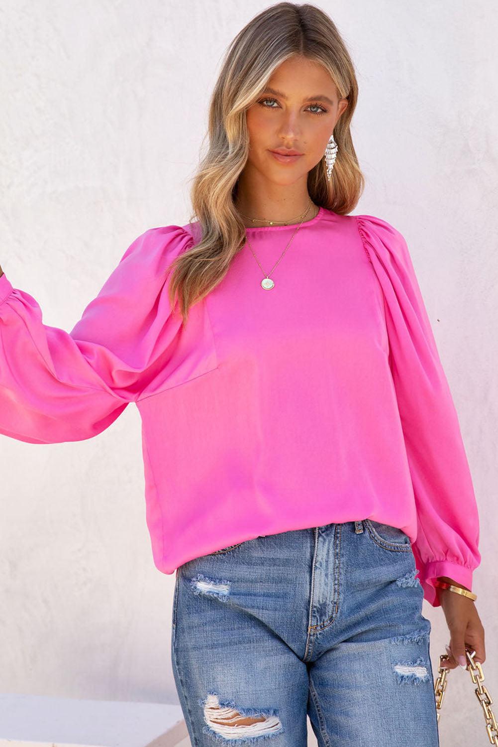 Satin Puff Long Sleeve Crewneck Blouse - L & M Kee, LLC