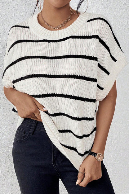 White Stripe Striped Pattern Batwing Sleeve Sweater - L & M Kee, LLC