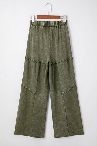 Vineyard Green Mineral Wash Tiered Wide Leg Patchwork Drawstring Pants