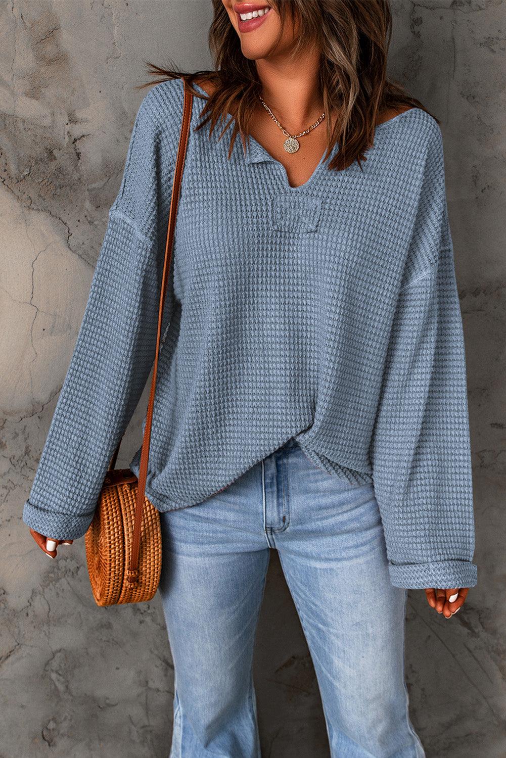 Dusk Blue Waffle Knit Loose Long Sleeve Top - L & M Kee, LLC