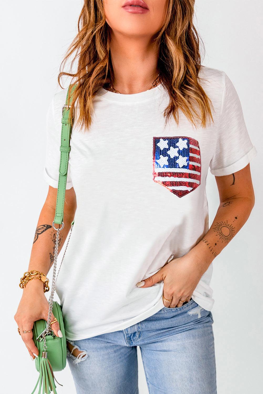 White American Flag Sequin Pocket Patched T Shirt - L & M Kee, LLC