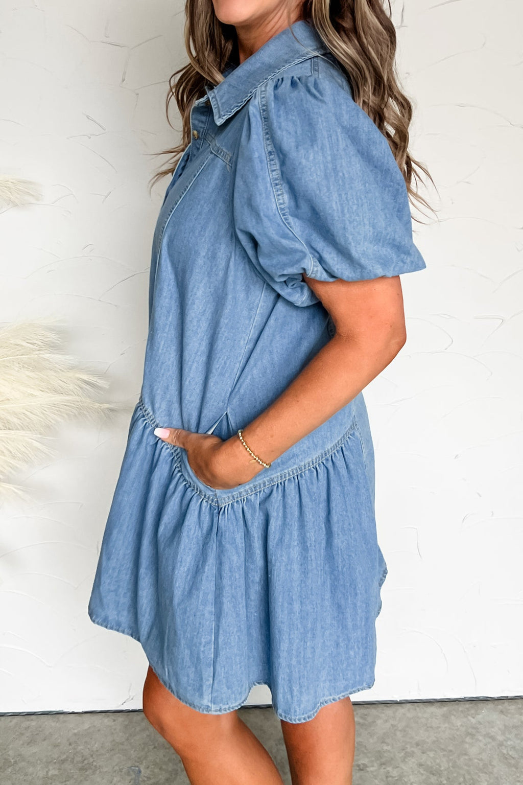 Beau Blue Button Down Short Puff Sleeve Ruffle Hem Patchwork Denim Dress