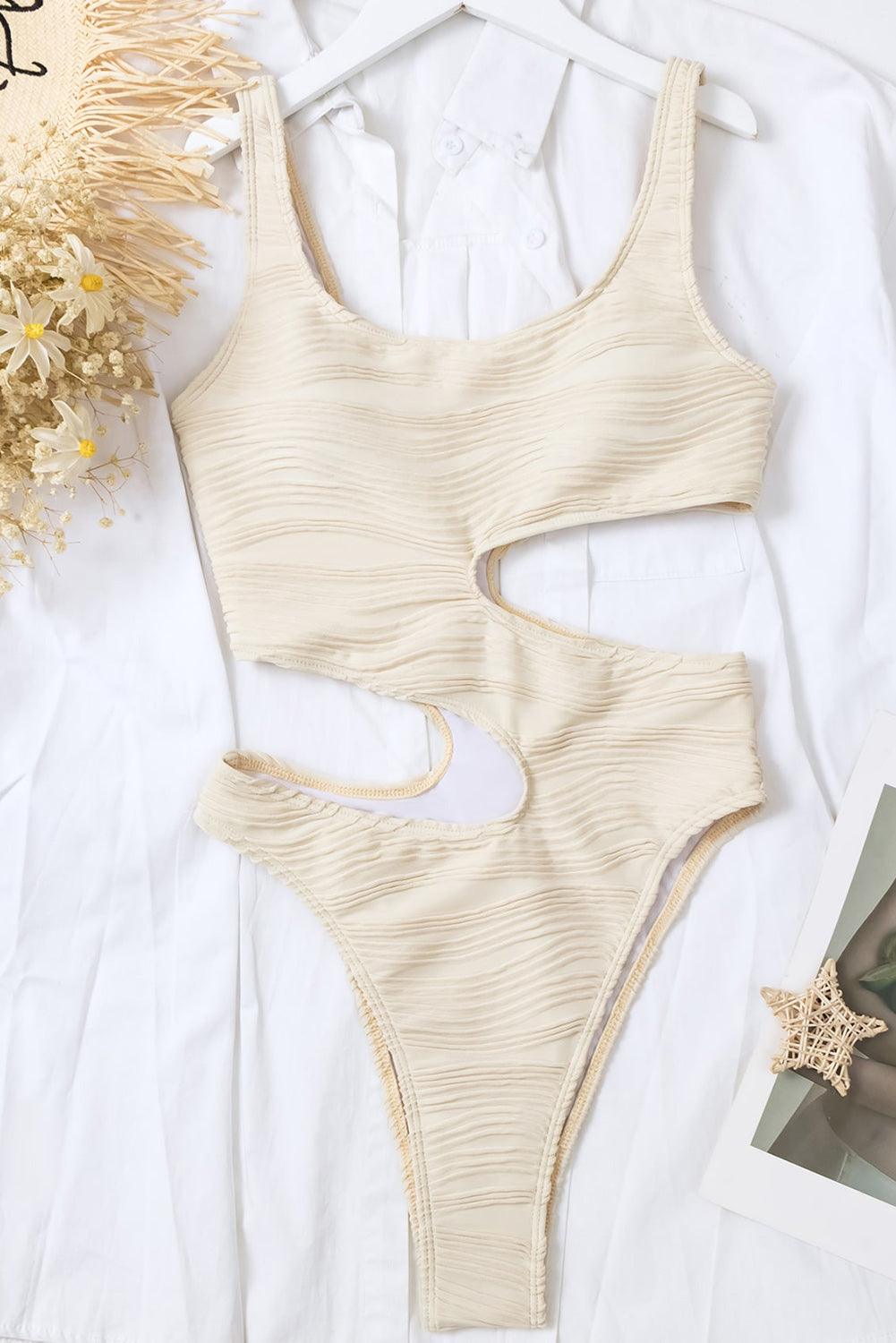 White Textured Hollow out One Piece Swimwear - L & M Kee, LLC