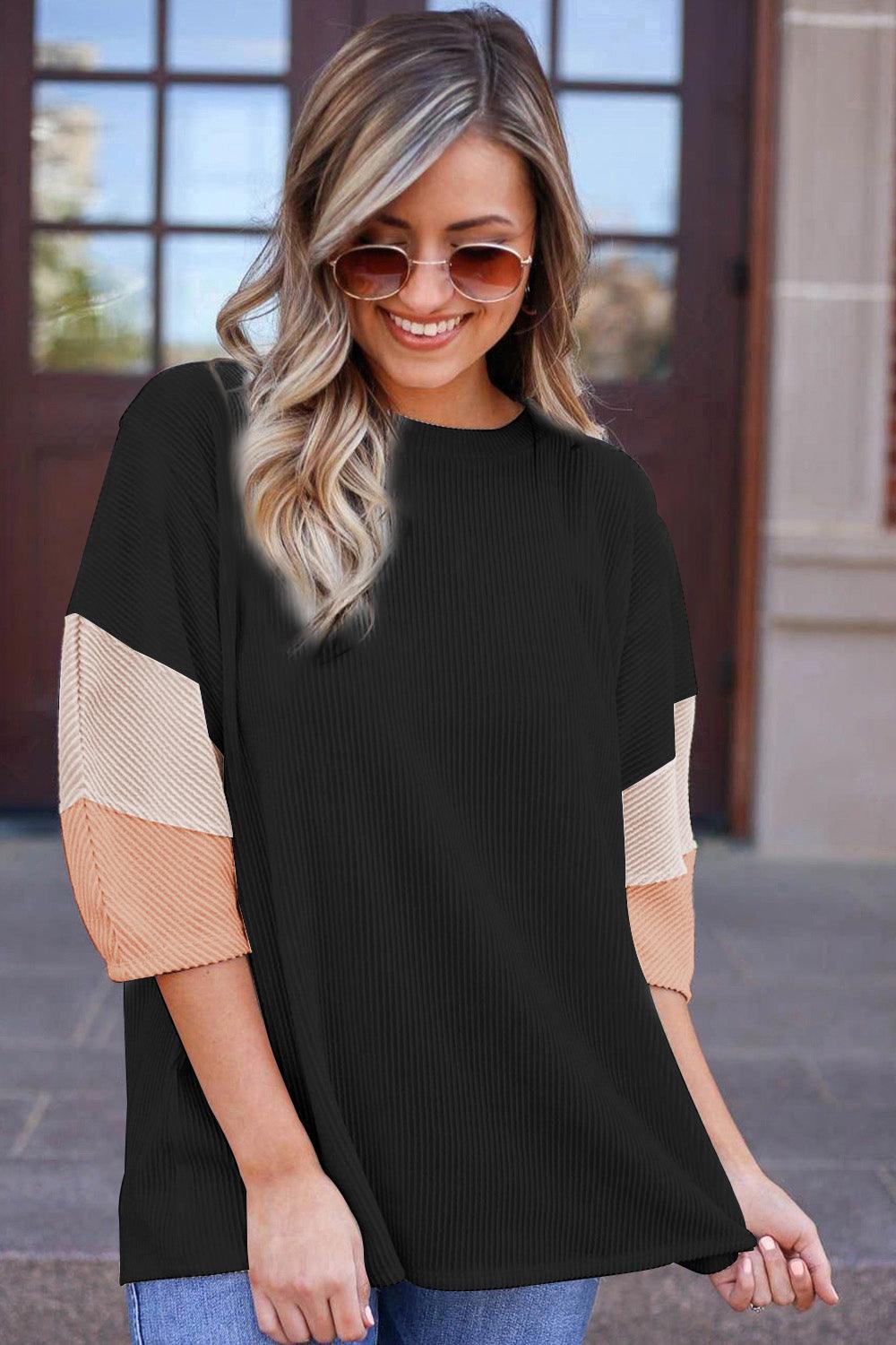 Carbon Grey Color Block Ribbed Knit Quarter Sleeve Top - L & M Kee, LLC