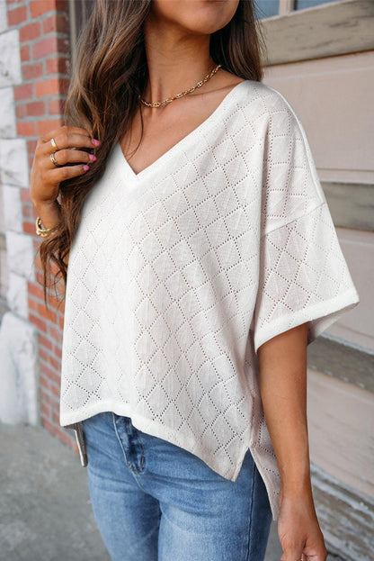 White V Neck Knitted Flowy Blouse - L & M Kee, LLC