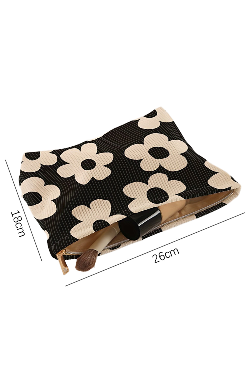 Black Colorful Flower Printed Rib Textured Cosmetic Bag