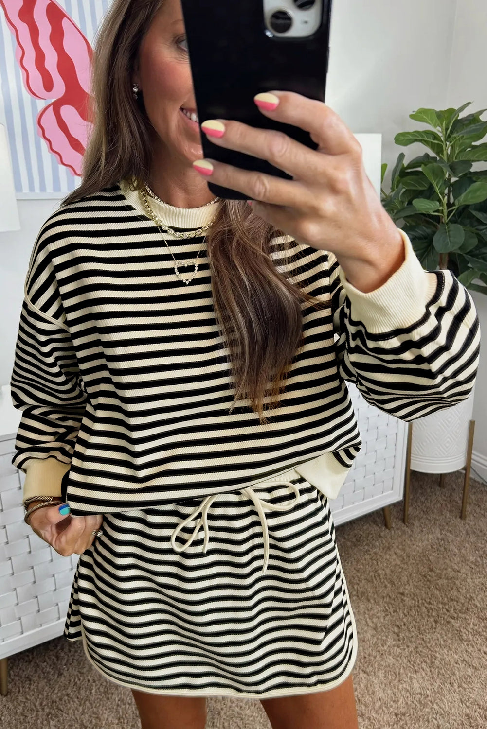 Black Stripe Textured Drop Shoulder Pullover Top Drawstring Mini Skirt Two Piece Dress Set