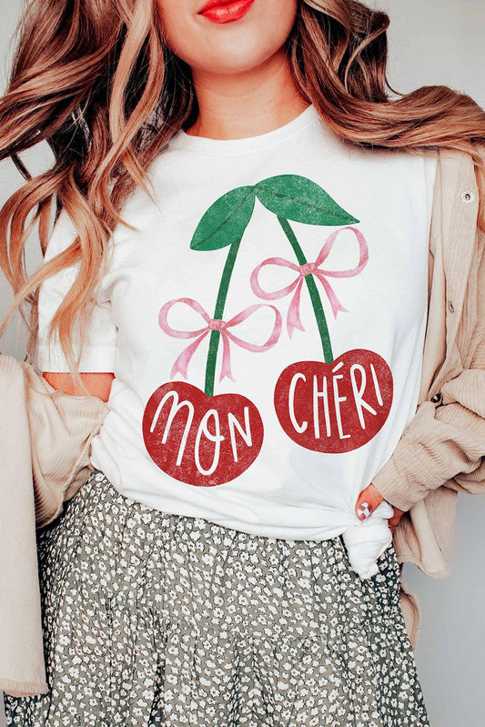 White MON CHERI Cherry Graphic Crewneck T shirt - L & M Kee, LLC