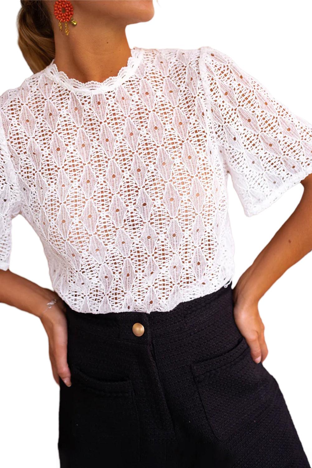 White Short Sleeve Keyhole Back Lace Blouse - L & M Kee, LLC