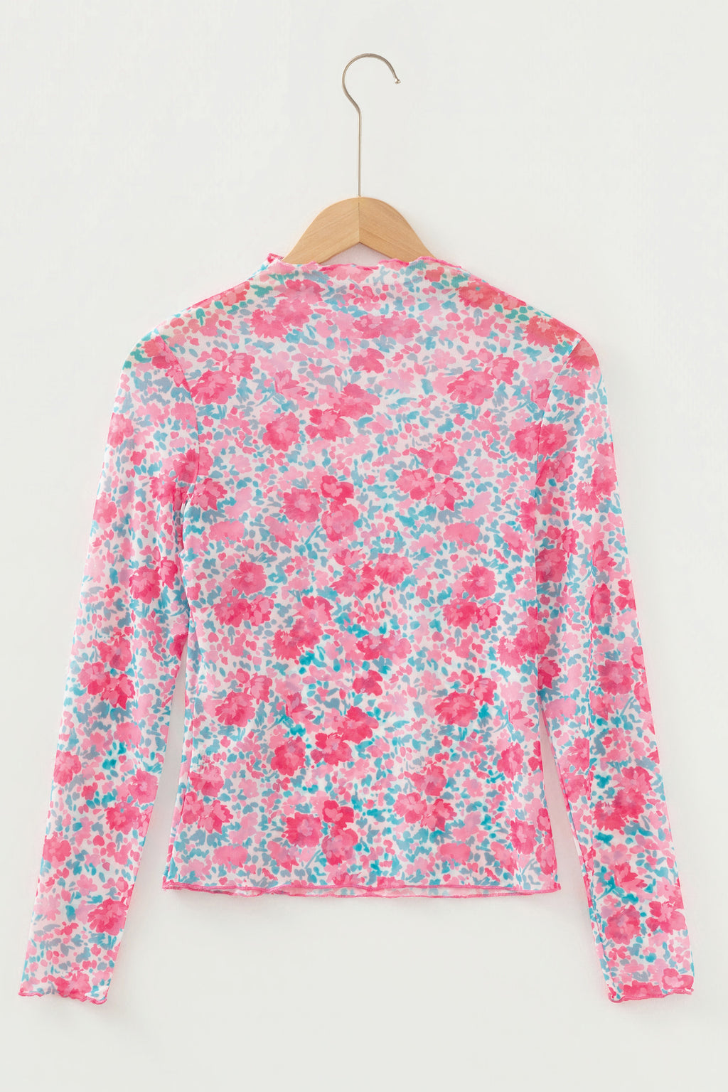 Pink Slim Fit Floral Mesh Long Sleeve Mock Neck Top