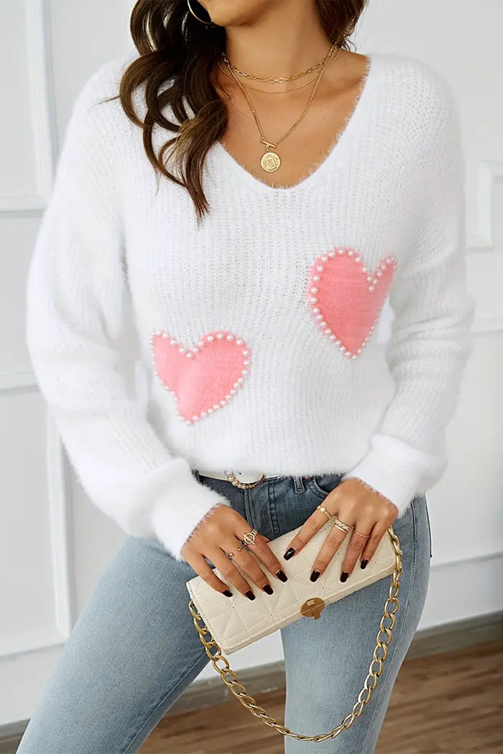 White Pearl Beaded Heart Pattern Fuzzy V Neck Sweater