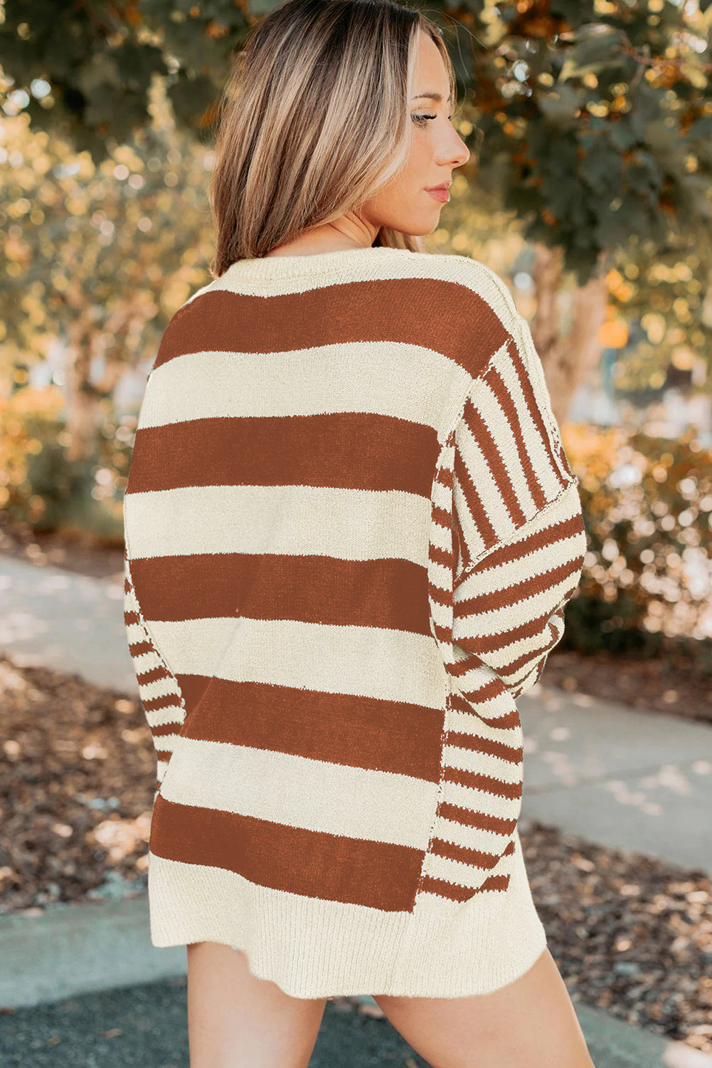 Brown Stripe Drop Shoulder Sleeve Patchwork Baggy Sweater