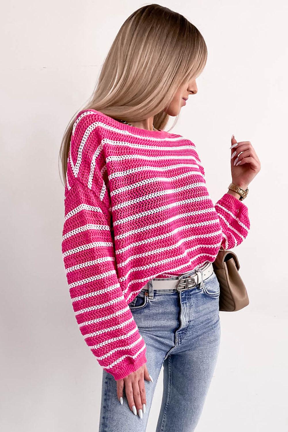 Rose Drop Shoulder Contrasting Striped Sweater - L & M Kee, LLC