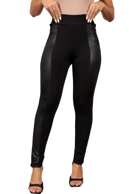 Black Leather Panel Patchwork High Waist Leggings - L & M Kee, LLC