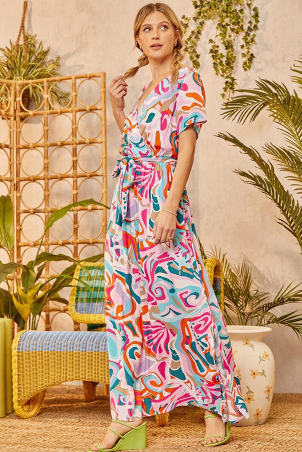 Multicolor Abstract Printed Wrap V Neck Belted Maxi Dress - L & M Kee, LLC