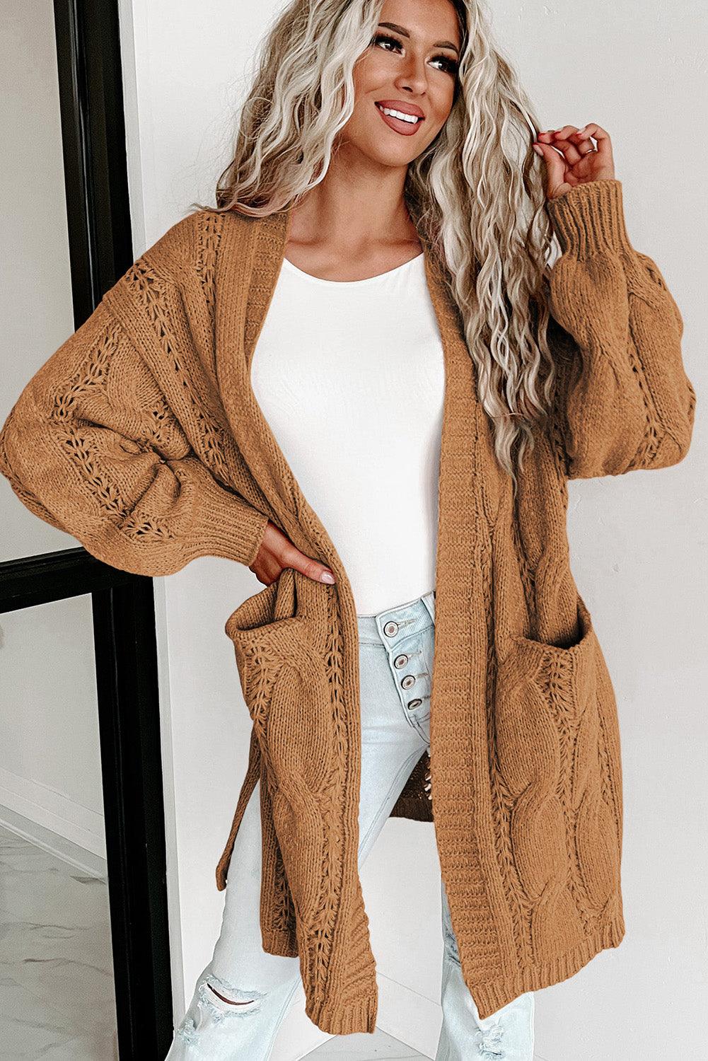 Khaki Ribbed Trim Eyelet Cable Knit Cardigan - L & M Kee, LLC