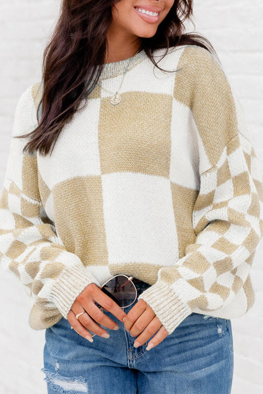 Flaxen Checkered Print Drop Shoulder Sweater - L & M Kee, LLC