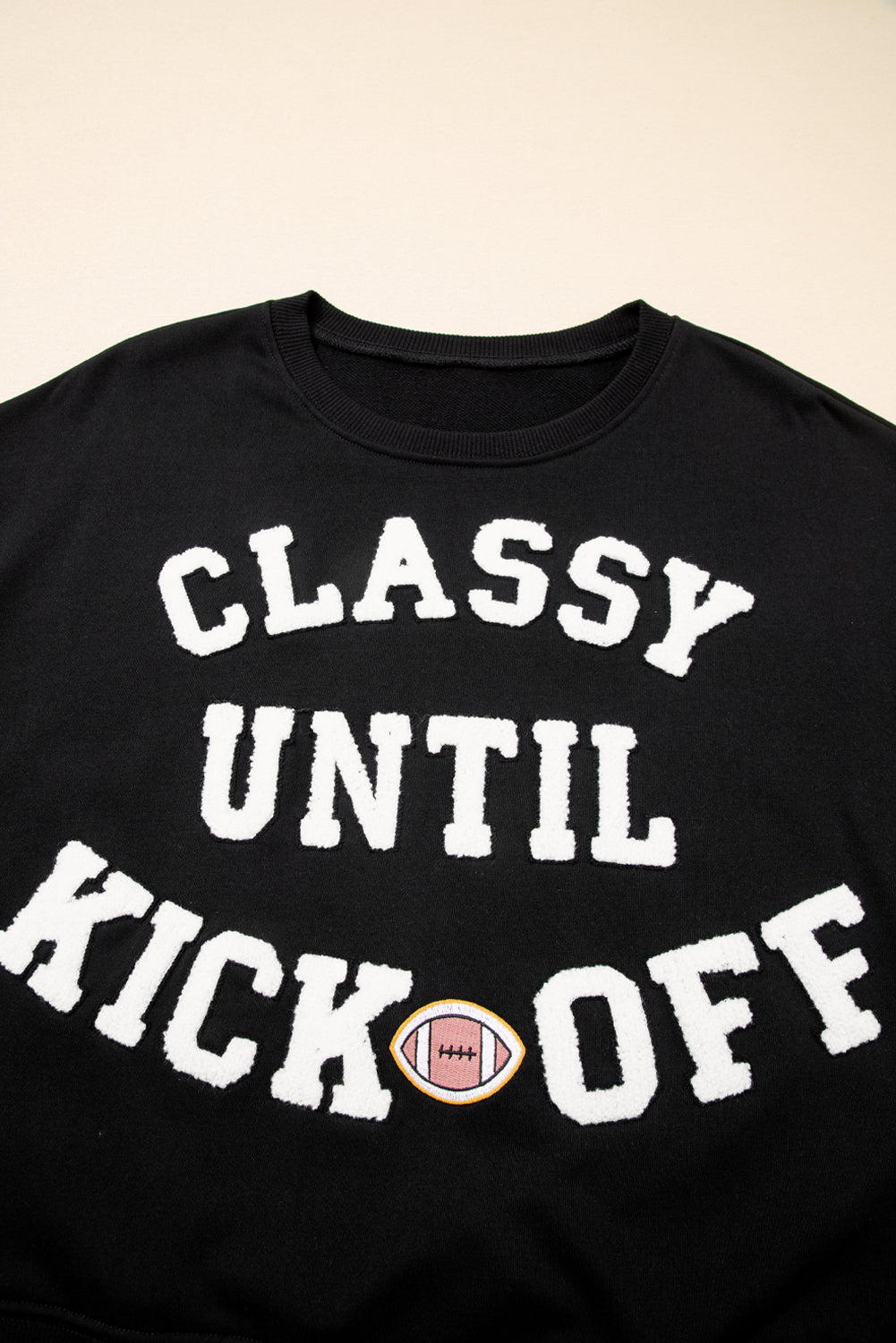Black CLASSY UNTIL KICKOFF Plush Letter Patched Loose Sweatshirt