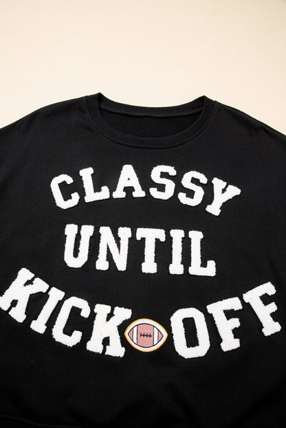 Black CLASSY UNTIL KICKOFF Plush Letter Patched Loose Sweatshirt