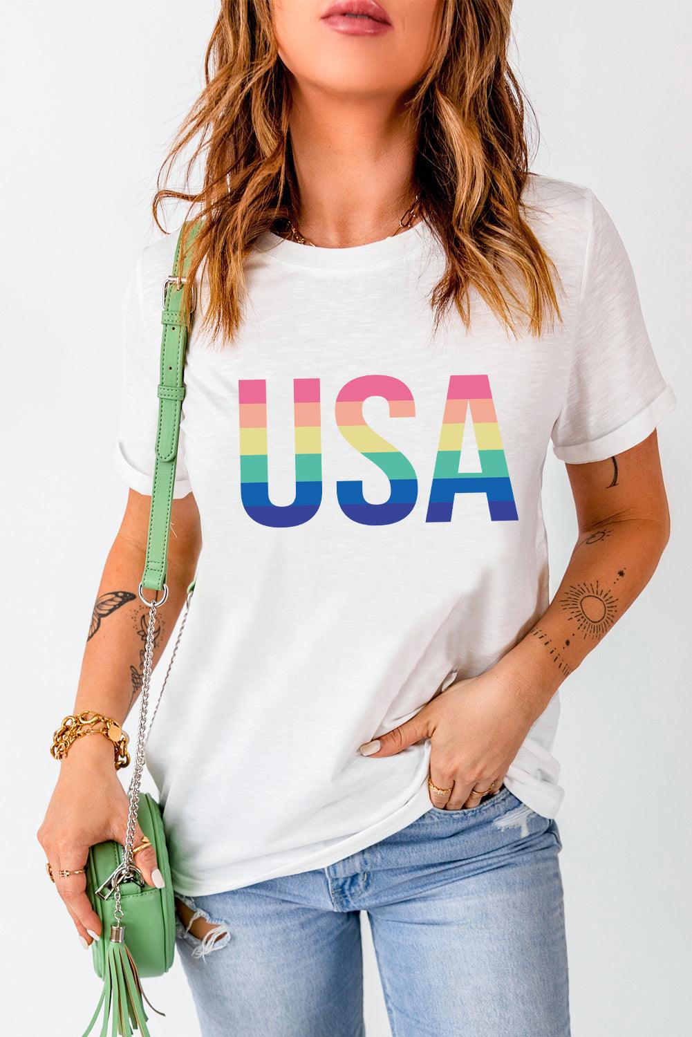 White Colorful USA Print Crewneck Casual T Shirt - L & M Kee, LLC