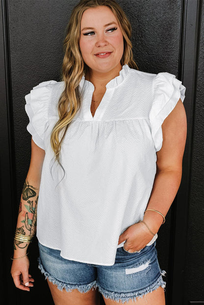 White Textured Ruffled Flutter Sleeve Plus Size Blouse - L & M Kee, LLC