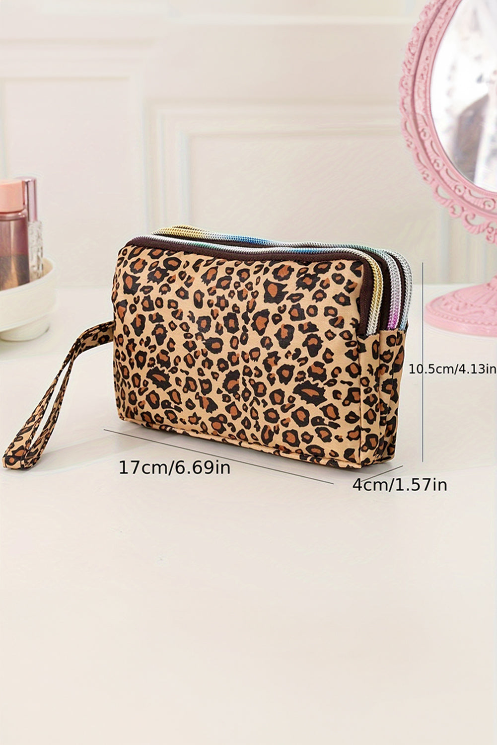 Brown Leopard Print PU Leather Wristlet Zipper Makeup Bag