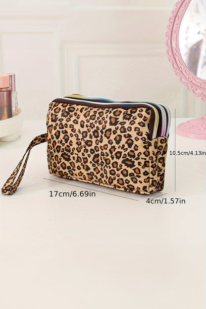 Brown Leopard Print PU Leather Wristlet Zipper Makeup Bag