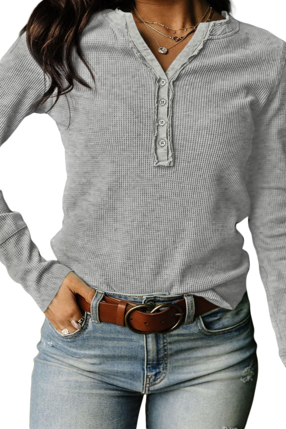 Gray Trimmed Neckline Waffle Knit Henley Top - L & M Kee, LLC