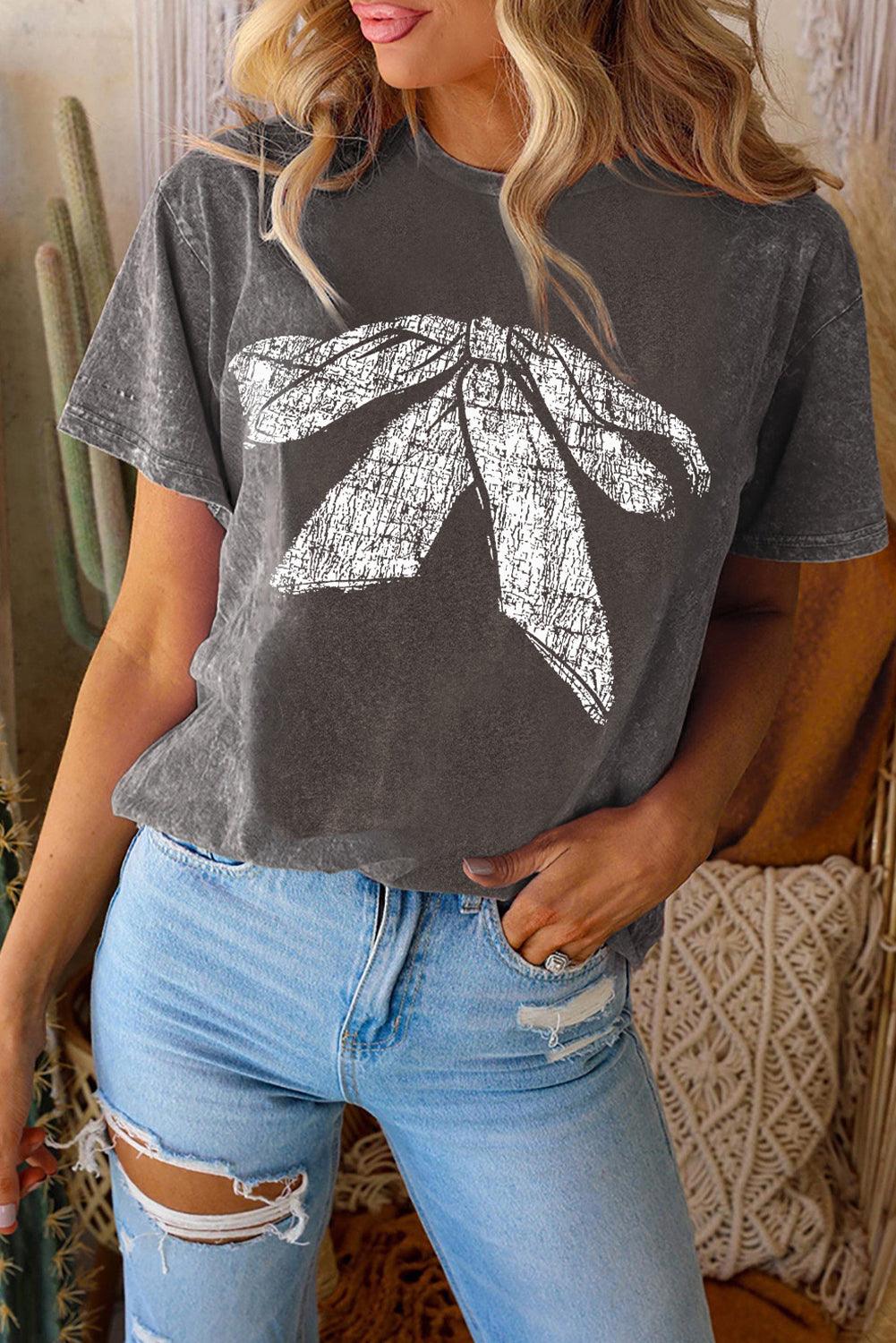 Black Bowknot Graphic Mineral Wash T Shirt - L & M Kee, LLC