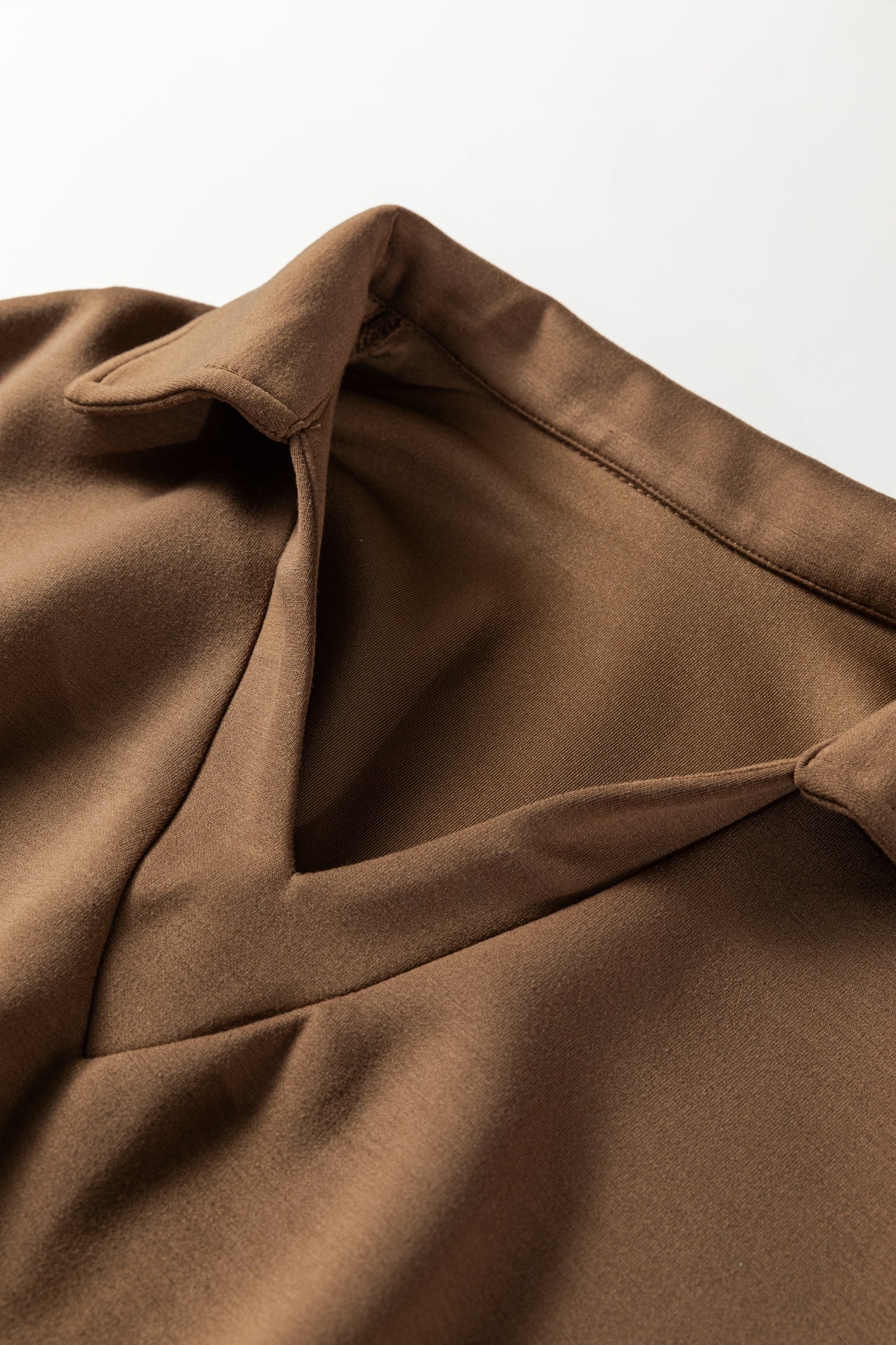 Coffee Solid Color V Neck Top and High Waist Pants Set